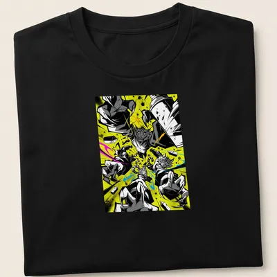 Comic book style shirt featuring graffiti cats in vibrant colors
