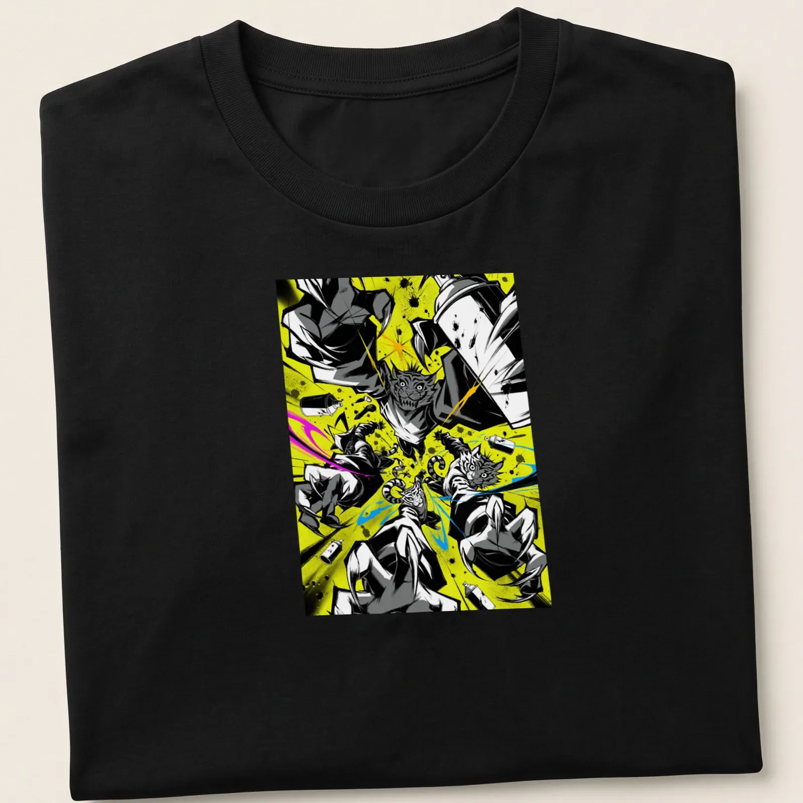 Comic book style shirt featuring graffiti cats in vibrant colors — printed on a unisex t-shirt