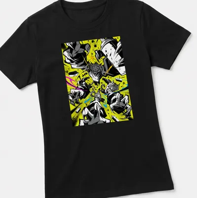 Comic book style shirt featuring graffiti cats in vibrant colors — printed on a women's shirt