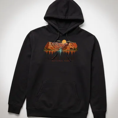 Vintage illustration of Grand Canyon National Park with warm colors — printed on a unisex hoodie