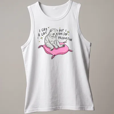 Kawaii gray cat on a pillow with text about productivity and crying — printed on a tank top