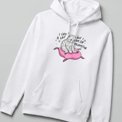 Kawaii gray cat on a pillow with text about productivity and crying — printed on a unisex hoodie