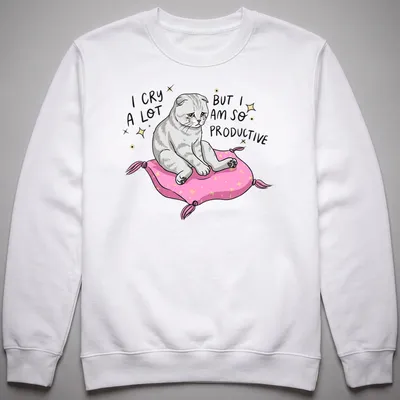 Kawaii gray cat on a pillow with text about productivity and crying — printed on a unisex sweatshirt