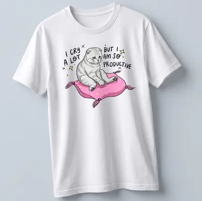 Kawaii gray cat on a pillow with text about productivity and crying