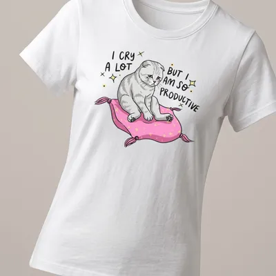 Kawaii gray cat on a pillow with text about productivity and crying — printed on a women's shirt