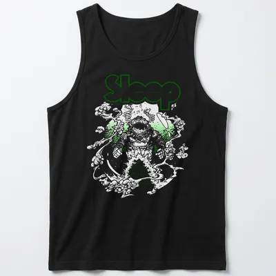 Vintage-style T-shirt featuring a green plant illustration and the word 'Sleep' — printed on a tank top