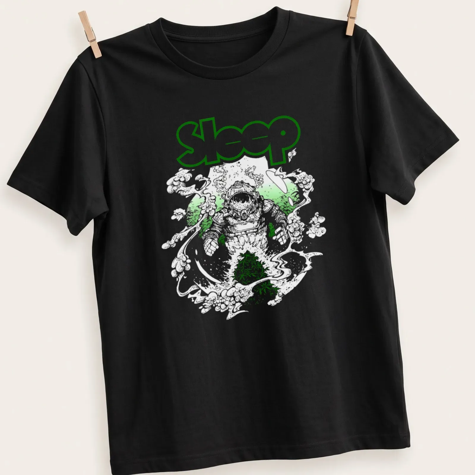 Vintage-style T-shirt featuring a green plant illustration and the word 'Sleep' — printed on a unisex t-shirt
