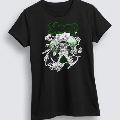 Vintage-style T-shirt featuring a green plant illustration and the word 'Sleep' — printed on a women's shirt