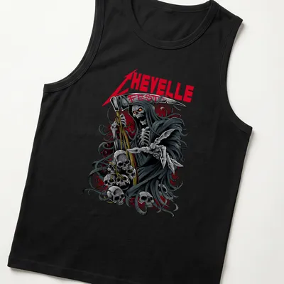 Detailed illustration of a Grim Reaper Skeleton next to Chevelle Fest text — printed on a tank top