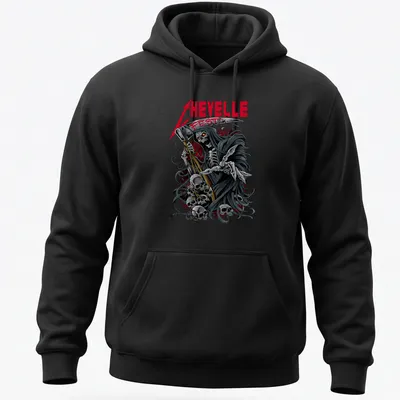 Detailed illustration of a Grim Reaper Skeleton next to Chevelle Fest text — printed on a unisex hoodie