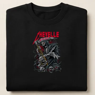 Detailed illustration of a Grim Reaper Skeleton next to Chevelle Fest text — printed on a unisex sweatshirt