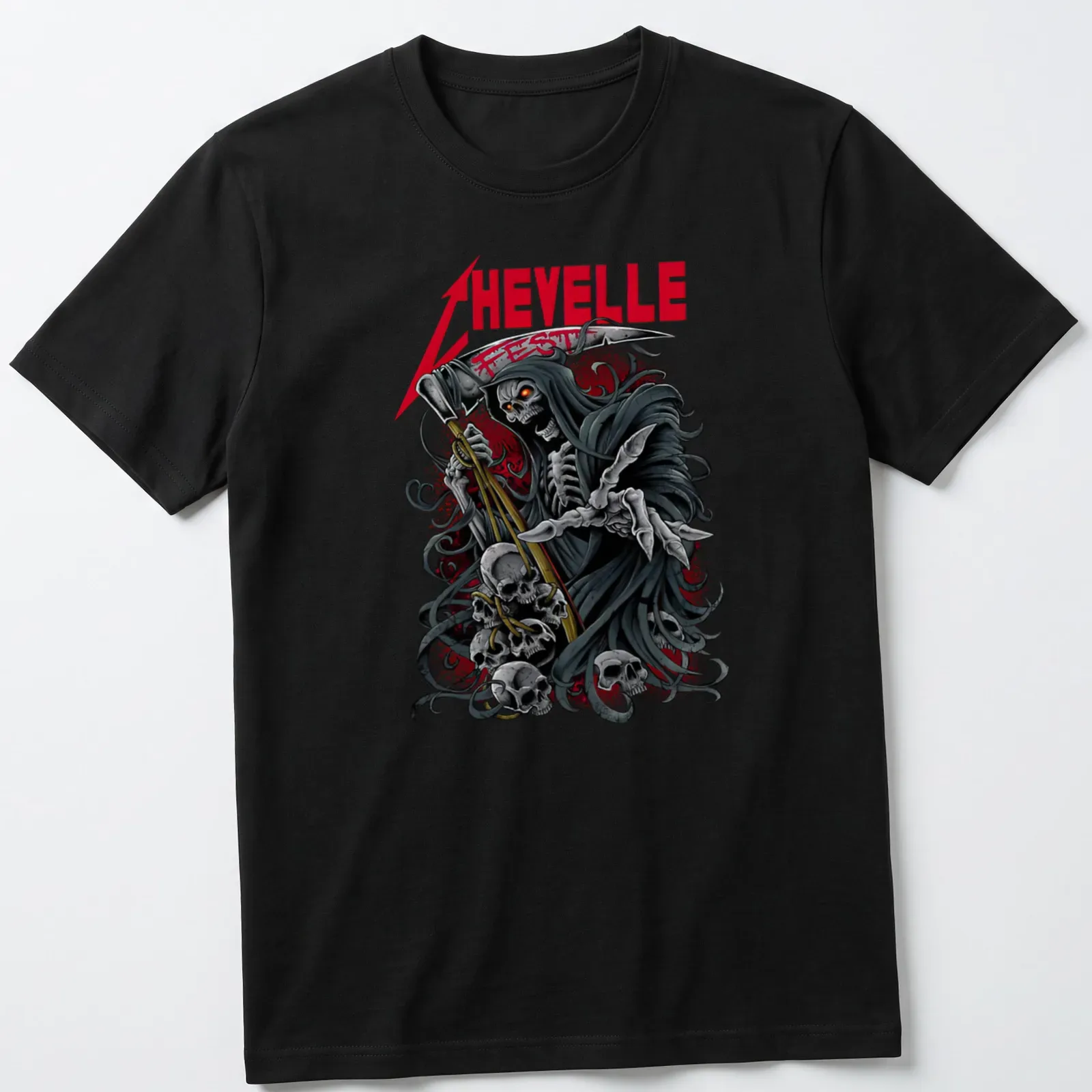 Detailed illustration of a Grim Reaper Skeleton next to Chevelle Fest text — printed on a unisex t-shirt