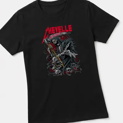 Detailed illustration of a Grim Reaper Skeleton next to Chevelle Fest text — printed on a women's shirt