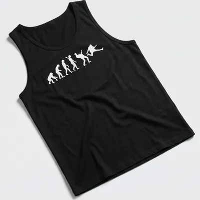 White silhouette of guitar player evolution on a black background — printed on a tank top