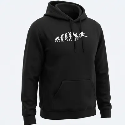 White silhouette of guitar player evolution on a black background — printed on a unisex hoodie