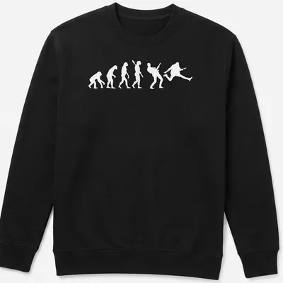 White silhouette of guitar player evolution on a black background — printed on a unisex sweatshirt