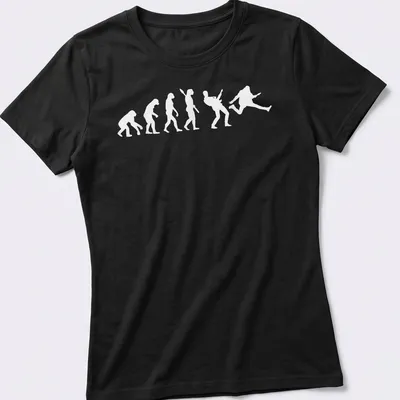 White silhouette of guitar player evolution on a black background — printed on a women's shirt