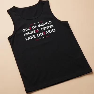 Distressed text design featuring Gulf of Mexico, Kennedy Center, and Lake Ontario — printed on a tank top