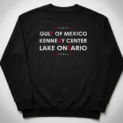Distressed text design featuring Gulf of Mexico, Kennedy Center, and Lake Ontario — printed on a unisex sweatshirt