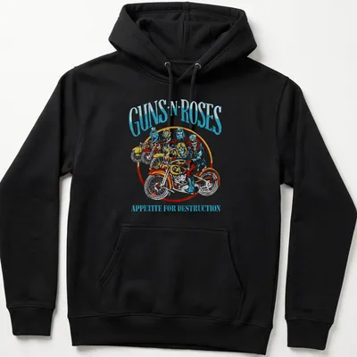 Vintage style Guns N' Roses t-shirt featuring motorcycle band members with iconic album title. — printed on a unisex hoodie