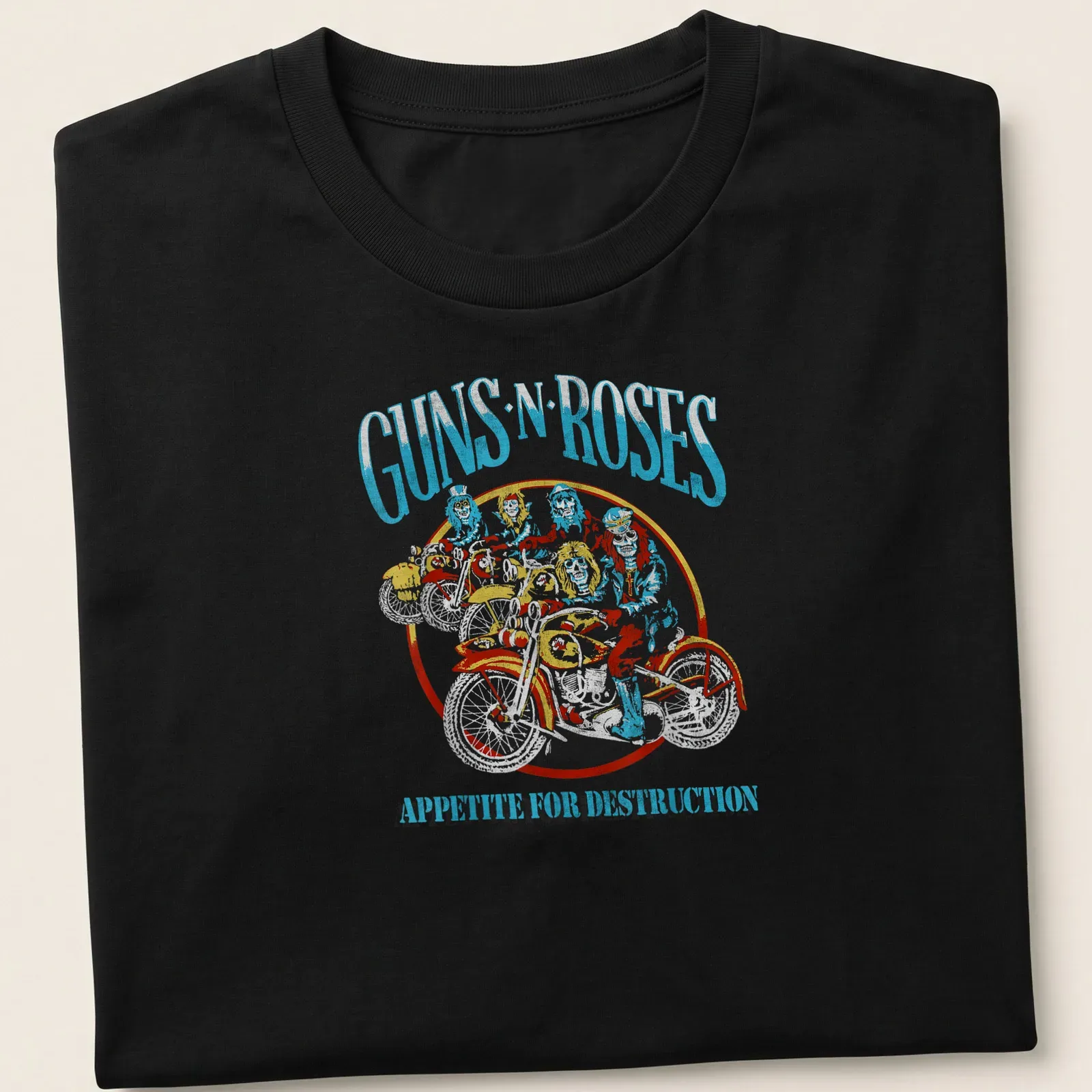 Vintage style Guns N' Roses t-shirt featuring motorcycle band members with iconic album title. — printed on a unisex t-shirt