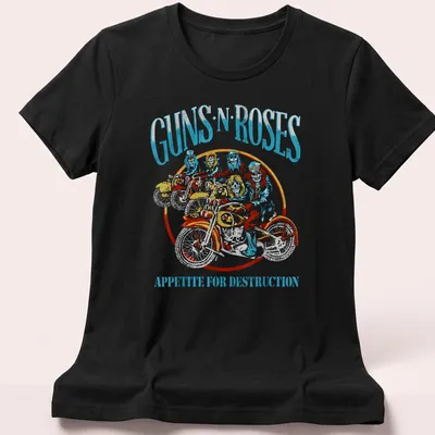 Vintage style Guns N' Roses t-shirt featuring motorcycle band members with iconic album title. — printed on a women's shirt