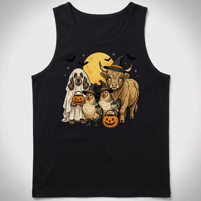 Cartoon Highland cow, dog, and chickens in Halloween costumes with Trick Or Treat text — printed on a tank top