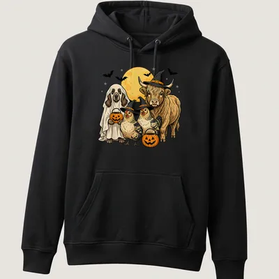 Cartoon Highland cow, dog, and chickens in Halloween costumes with Trick Or Treat text — printed on a unisex hoodie