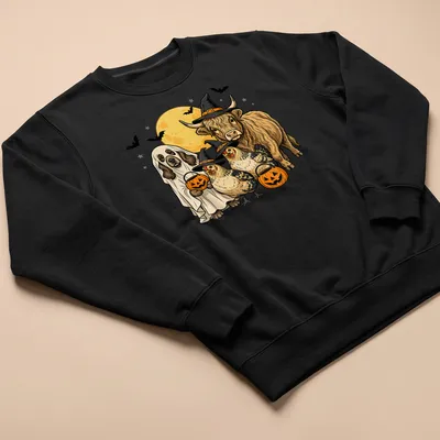 Cartoon Highland cow, dog, and chickens in Halloween costumes with Trick Or Treat text — printed on a unisex sweatshirt