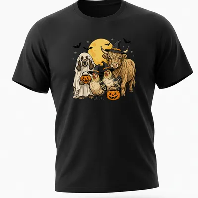 Cartoon Highland cow, dog, and chickens in Halloween costumes with Trick Or Treat text