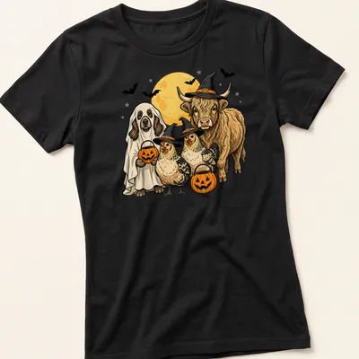 Cartoon Highland cow, dog, and chickens in Halloween costumes with Trick Or Treat text — printed on a women's shirt