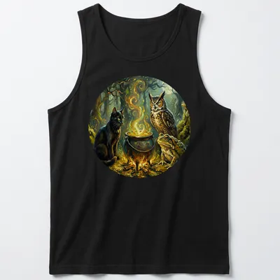 Fantasy illustration of a black cat, owl, frog, and cauldron with Halloween vibes — printed on a tank top