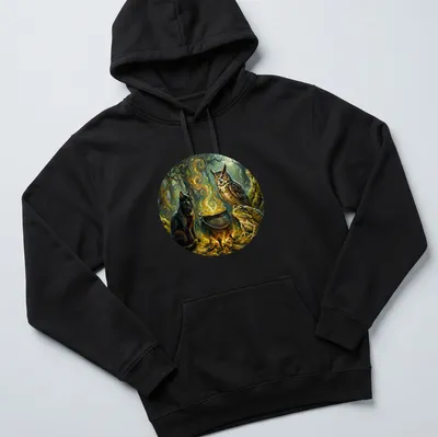 Fantasy illustration of a black cat, owl, frog, and cauldron with Halloween vibes — printed on a unisex hoodie