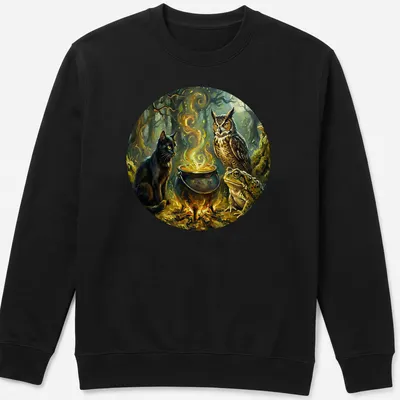 Fantasy illustration of a black cat, owl, frog, and cauldron with Halloween vibes — printed on a unisex sweatshirt