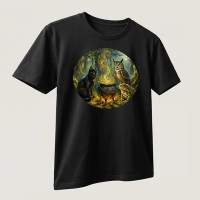 Fantasy illustration of a black cat, owl, frog, and cauldron with Halloween vibes — printed on a unisex t-shirt (angled view)