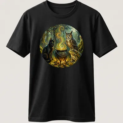 Fantasy illustration of a black cat, owl, frog, and cauldron with Halloween vibes