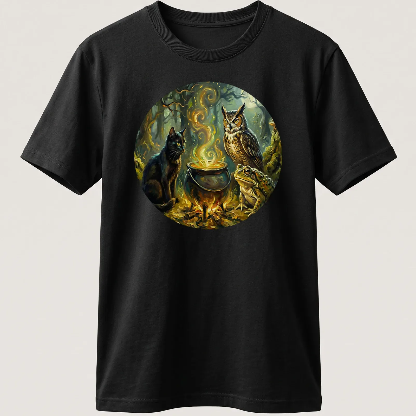 Fantasy illustration of a black cat, owl, frog, and cauldron with Halloween vibes — printed on a unisex t-shirt