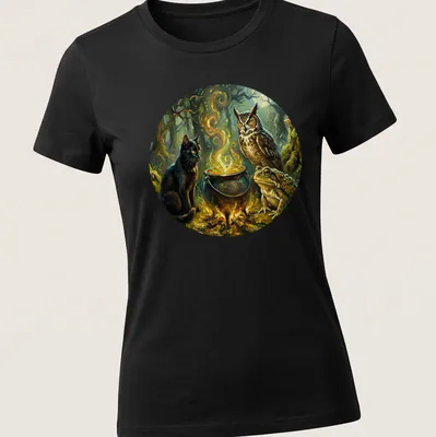 Fantasy illustration of a black cat, owl, frog, and cauldron with Halloween vibes — printed on a women's shirt