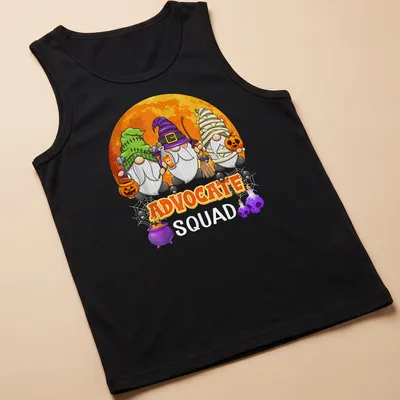 Cartoonish Halloween gnomes surrounding the text 'Advocate Squad' in vibrant colors — printed on a tank top