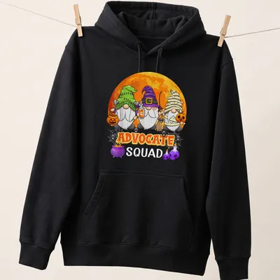 Cartoonish Halloween gnomes surrounding the text 'Advocate Squad' in vibrant colors — printed on a unisex hoodie