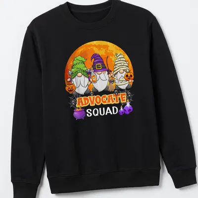 Cartoonish Halloween gnomes surrounding the text 'Advocate Squad' in vibrant colors — printed on a unisex sweatshirt