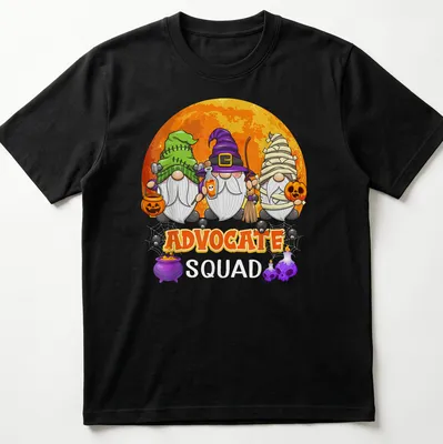 Cartoonish Halloween gnomes surrounding the text 'Advocate Squad' in vibrant colors