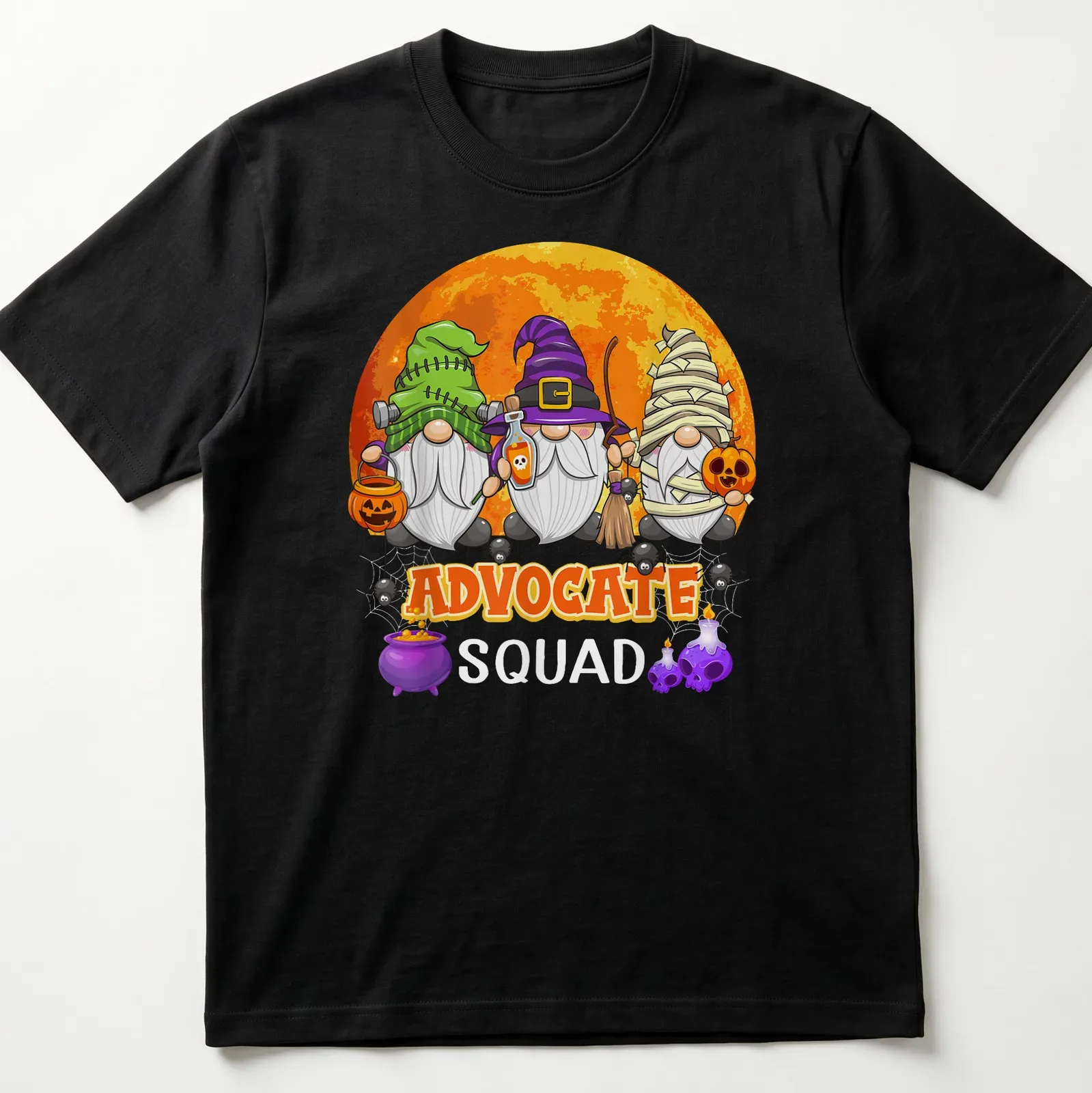 Cartoonish Halloween gnomes surrounding the text 'Advocate Squad' in vibrant colors — printed on a unisex t-shirt