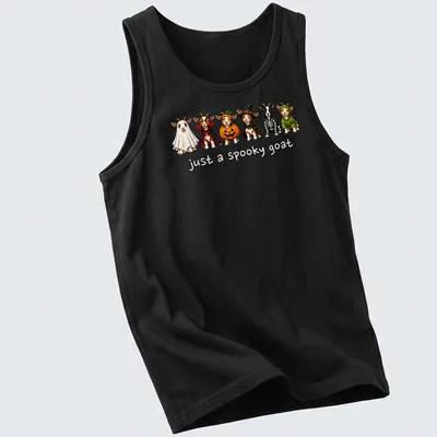 Cartoon Halloween goat with text 'just a spooky goat' in festive colors — printed on a tank top