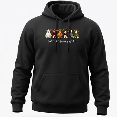 Cartoon Halloween goat with text 'just a spooky goat' in festive colors — printed on a unisex hoodie