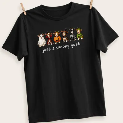 Cartoon Halloween goat with text 'just a spooky goat' in festive colors