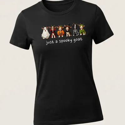 Cartoon Halloween goat with text 'just a spooky goat' in festive colors — printed on a women's shirt