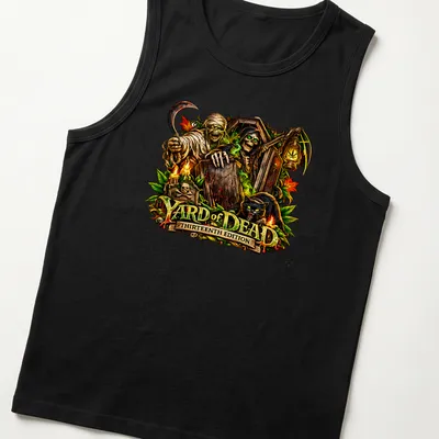 Detailed illustration of Halloween monsters with colorful text for Halloween — printed on a tank top