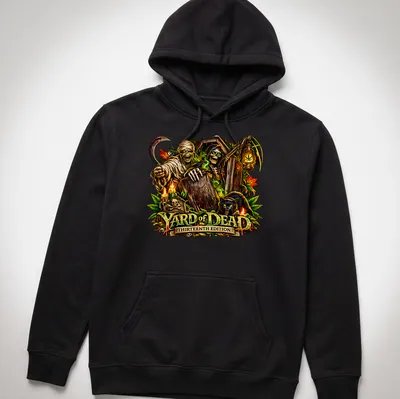 Detailed illustration of Halloween monsters with colorful text for Halloween — printed on a unisex hoodie