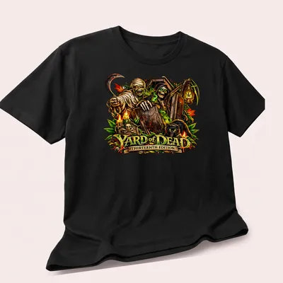 Detailed illustration of Halloween monsters with colorful text for Halloween — printed on a unisex t-shirt (angled view)